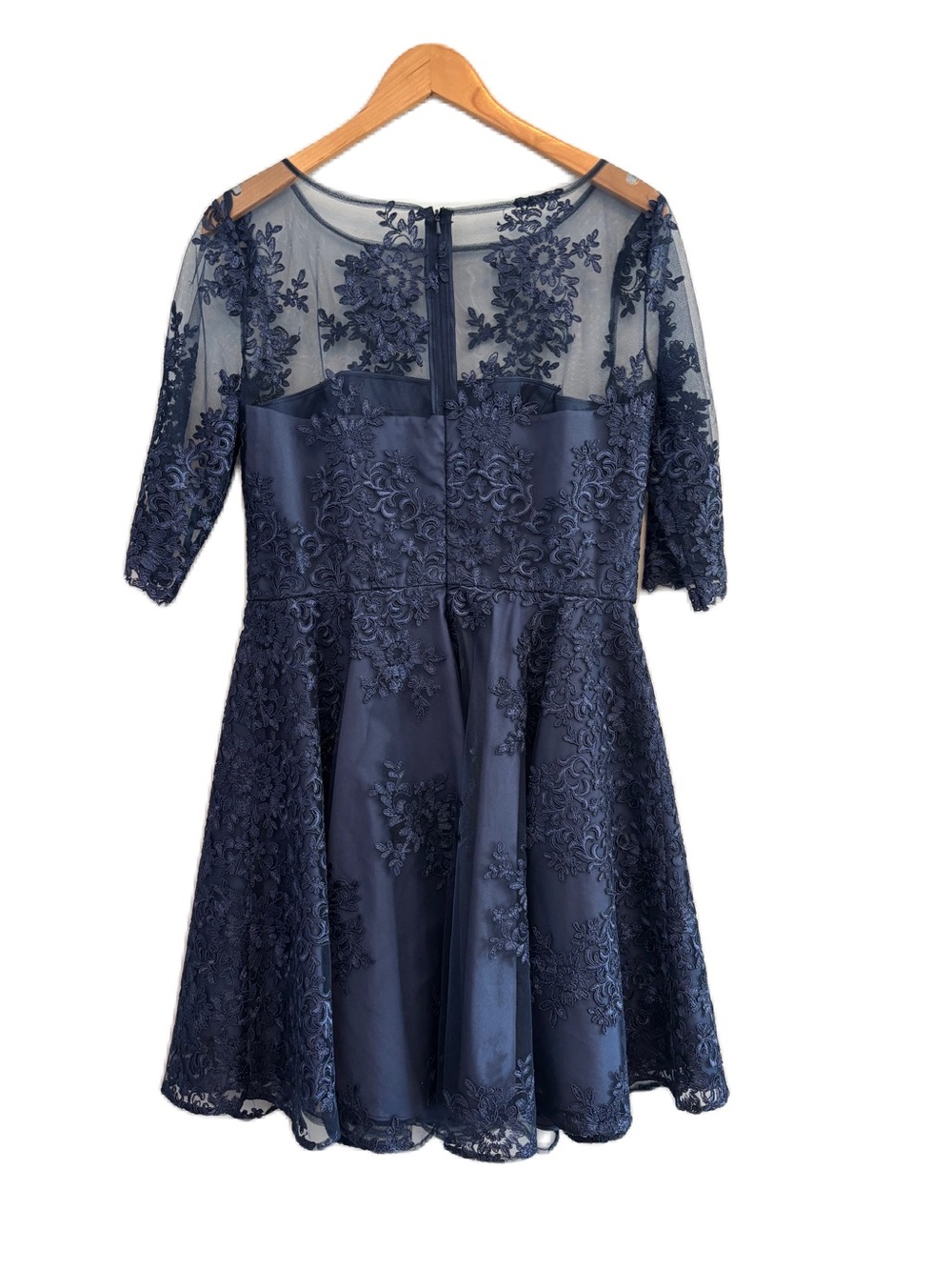 Monique Lhuillier Navy Knee Length Lace Embroidered Cocktail Dress Size 12